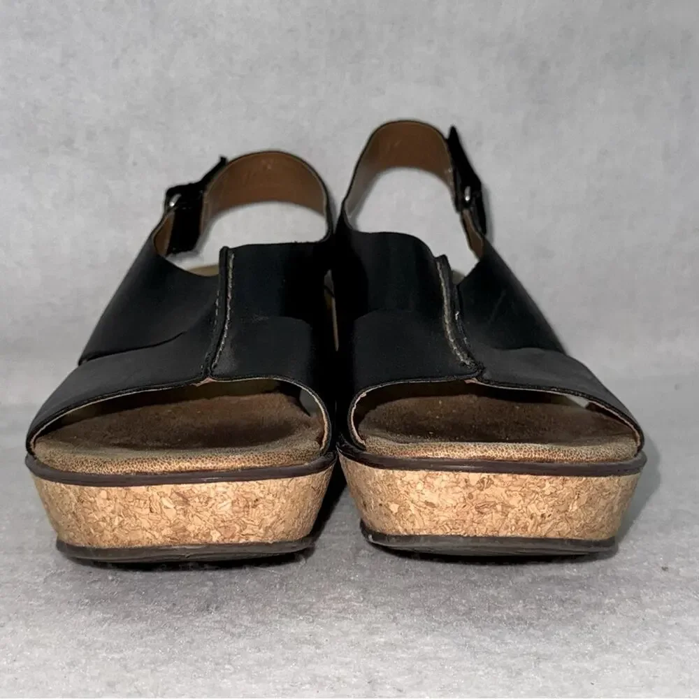 EUC Women’s Clarks Leather & Cork Slingback Wedges size 9 Black *please read*